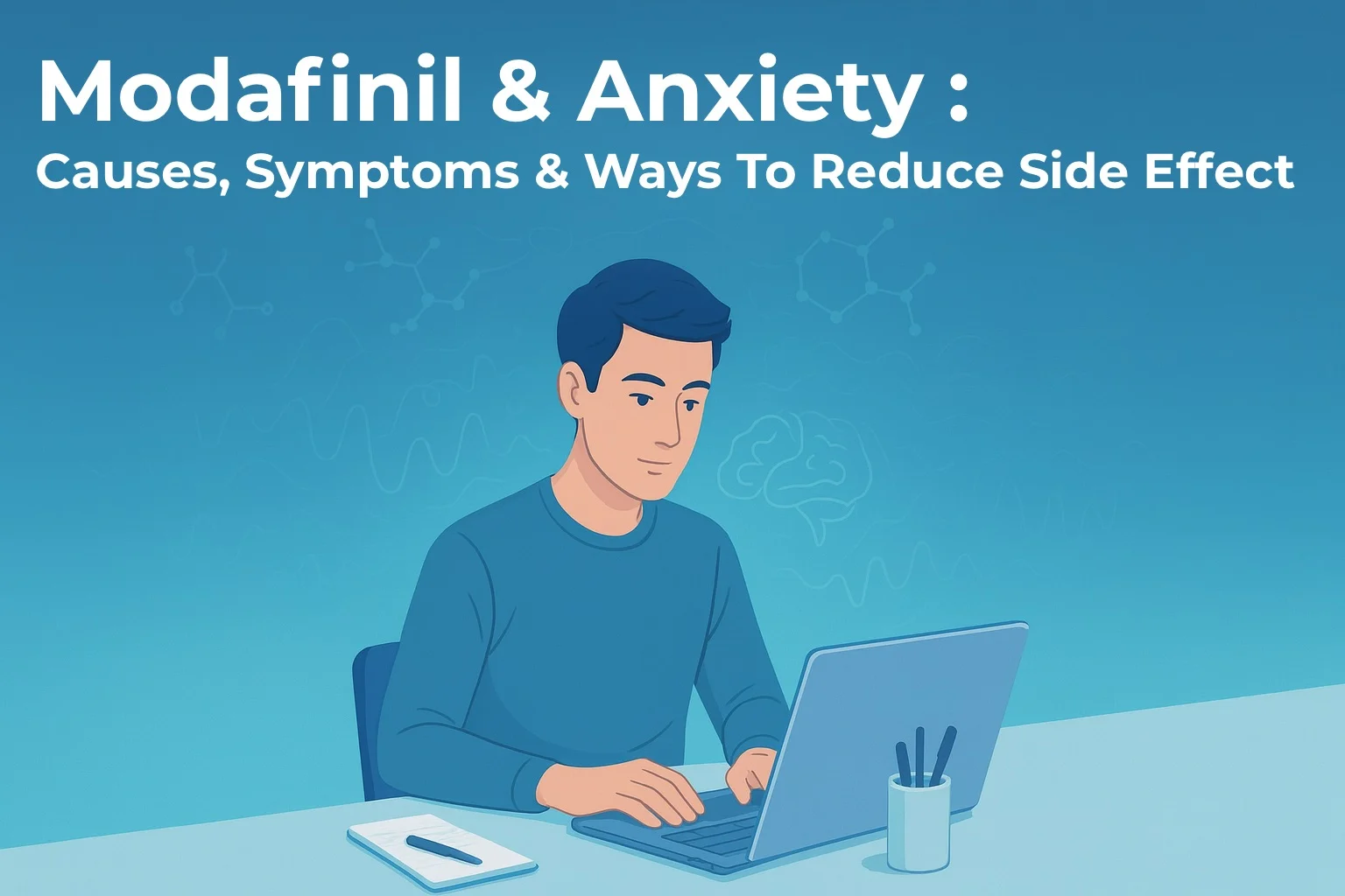Illustration of a person working calmly at a desk for an article about Modafinil and anxiety