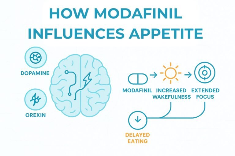 modafinil weight loss: Infographic showing how Modafinil increases wakefulness and focus through dopamine and orexin activity, leading to delayed hunger cues.