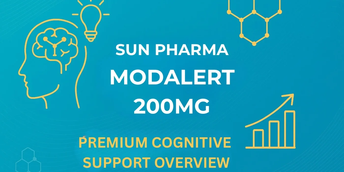 Clean modern graphic featuring molecular shapes and productivity icons with the text “Sun Pharma Modalert 200 mg – Premium Cognitive Support Overview” in modalerts.store brand colors.