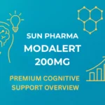 Clean modern graphic featuring molecular shapes and productivity icons with the text “Sun Pharma Modalert 200 mg – Premium Cognitive Support Overview” in modalerts.store brand colors.