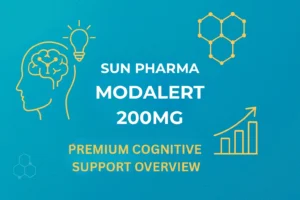 Clean modern graphic featuring molecular shapes and productivity icons with the text “Sun Pharma Modalert 200 mg – Premium Cognitive Support Overview” in modalerts.store brand colors.