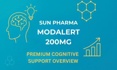 Clean modern graphic featuring molecular shapes and productivity icons with the text “Sun Pharma Modalert 200 mg – Premium Cognitive Support Overview” in modalerts.store brand colors.