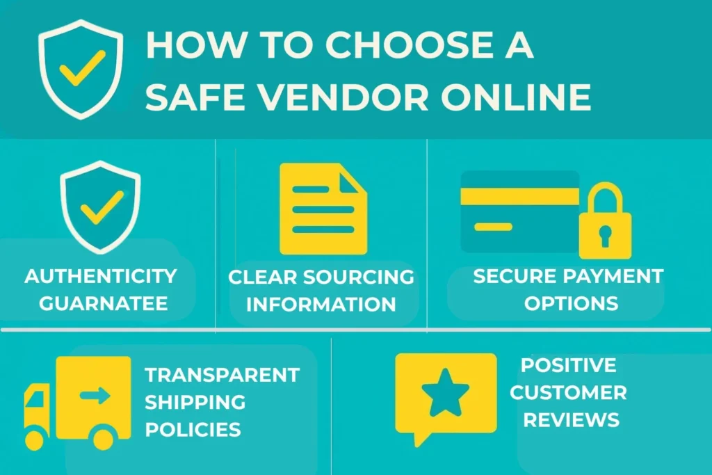 Infographic showing five key factors for choosing a safe online vendor: authenticity guarantee, clear sourcing information, secure payment options, transparent shipping policies, and positive customer reviews. Uses modalerts.store brand colors teal #17CCD3 and yellow #EFB33A.