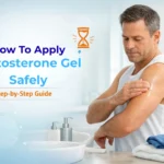 Man applying testosterone gel safely to upper arm in a clean home bathroom, step-by-step testosterone gel application guide