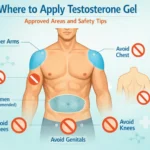 Medical illustration showing approved testosterone gel application areas on the shoulders and upper arms, with safety warnings for areas to avoid including chest, armpits, genitals, knees, and back.