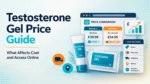 Modern healthcare illustration showing testosterone gel tubes and sachets with online price comparison cards, shipping, supplier, region, and pack size cost factors.